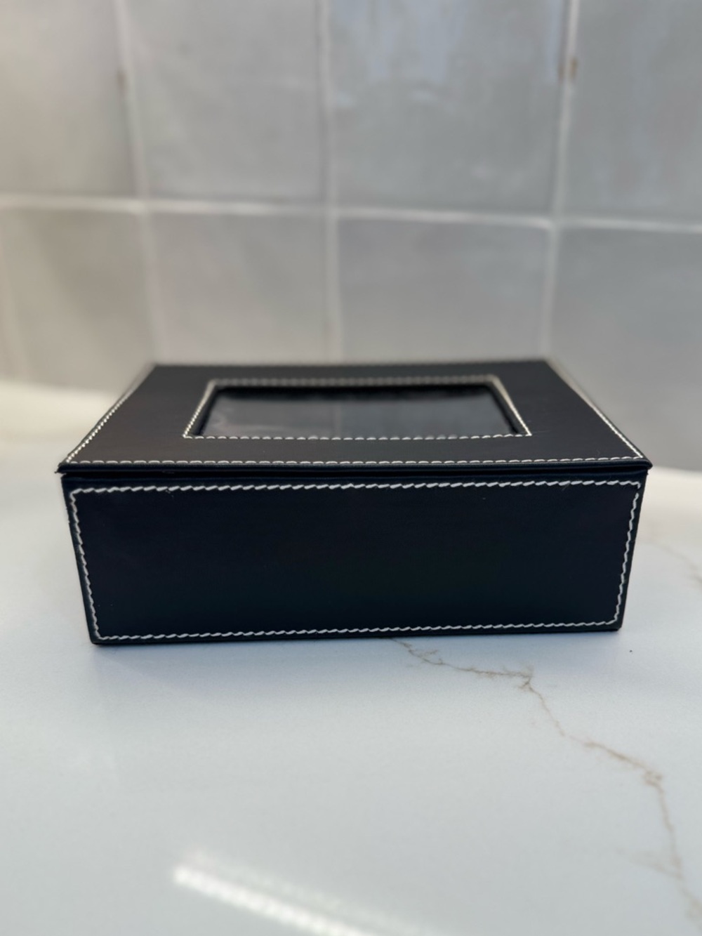 Vintage Black Leather Picture Frame with White Stitching